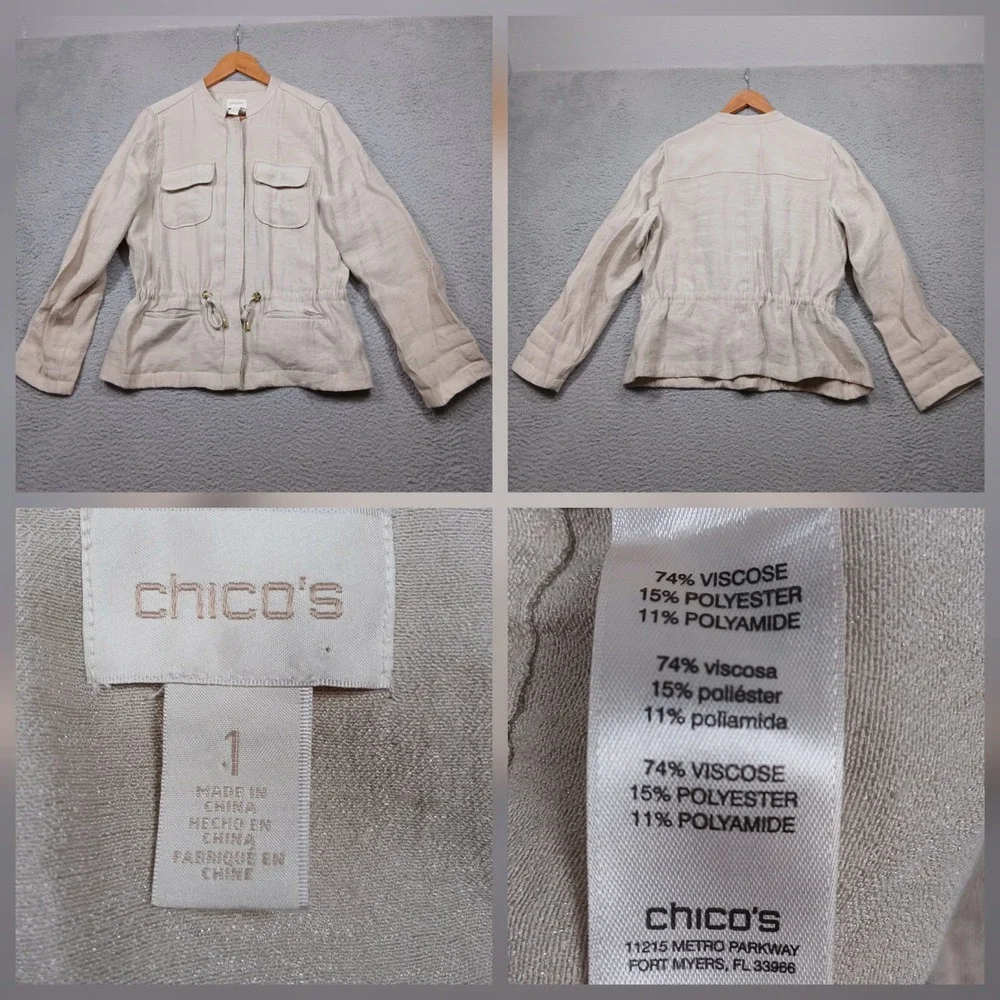 Chico's Utility Jacket Women's Size 1 Beige Drawstring Waist Zip Front
